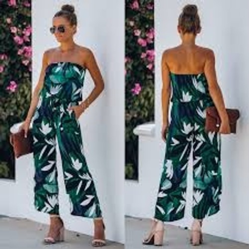 Vici Tropical Palm Leaf Strapless Wide Leg Jumpsuit Green White Large